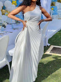 Posheme Pleated Wedding Guest Asymmetrical Cut Out One Shoulder Banquet Party Prom Maxi Dress