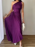 Posheme Pleated Wedding Guest Asymmetrical Cut Out One Shoulder Banquet Party Prom Maxi Dress