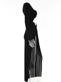 Posheme Elegant High Slit Cut Out Ruched Twist Knot Club Party Gown Maxi Dress