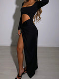 Posheme Elegant High Slit Cut Out Ruched Twist Knot Club Party Gown Maxi Dress