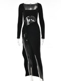 Posheme Elegant High Slit Cut Out Ruched Twist Knot Club Party Gown Maxi Dress