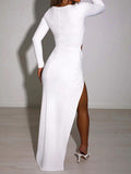 Posheme Elegant High Slit Cut Out Ruched Twist Knot Club Party Gown Maxi Dress