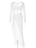 Posheme Elegant High Slit Cut Out Ruched Twist Knot Club Party Gown Maxi Dress