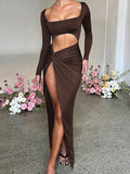 Posheme Elegant High Slit Cut Out Ruched Twist Knot Club Party Gown Maxi Dress