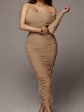 Posheme Ruched Bodycon One Shoulder Long Sleeve High Split Party Prom Maxi Dress