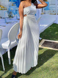 Posheme Pleated Wedding Guest Asymmetrical Cut Out One Shoulder Banquet Party Prom Maxi Dress