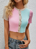 Blue Pink Splicing Bottons Knitting Vests Crop Top