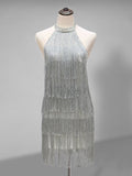 Posheme Silver Solid Tassel Sequin Halter Neck Bodycon The Great Gatsby Elegant Mini Dress