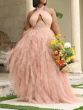 Posheme Halter Neck Grenadine Tulle Plus Size Prom Party Maxi Dress