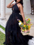 Posheme Halter Neck Grenadine Tulle Plus Size Prom Party Maxi Dress