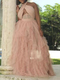 Posheme Halter Neck Grenadine Tulle Plus Size Prom Party Maxi Dress