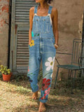 Posheme Flowers Print High Waisted Overall Pants Long Denim Dungarees Jumpsuit