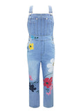 Posheme Flowers Print High Waisted Overall Pants Long Denim Dungarees Jumpsuit