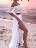 Posheme Lace Two Piece Slit Off Shoulder High Waisted Bohemian Maxi Dress