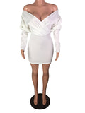 Posheme White Off Shoulder Ruffle Puff Sleeve Cascading Bodycon Party Mini Dress