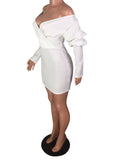 Posheme White Off Shoulder Ruffle Puff Sleeve Cascading Bodycon Party Mini Dress