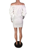 Posheme White Off Shoulder Ruffle Puff Sleeve Cascading Bodycon Party Mini Dress