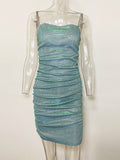 Posheme Bright Wire Rhinestone Chain Ruched Spaghetti Strap Sparkly Bodycon Mini Dress