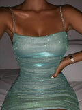 Posheme Bright Wire Rhinestone Chain Ruched Spaghetti Strap Sparkly Bodycon Mini Dress