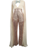 Posheme Patchwork Sequin Flare Sleeve Wide Leg Palazzo Palazzo Long Jumpsuit