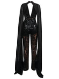 Posheme Patchwork Sequin Flare Sleeve Wide Leg Palazzo Palazzo Long Jumpsuit