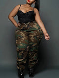 Posheme Camouflage Pockets Plus Size High Waisted Casual Pants