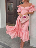 Posheme Lace Off Shoulder Eyelet Embroidery Ruffle Elegant Tea Party Midi Dress