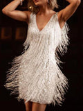 Posheme Sequin Tassel Deep V-neck The Great Gatsby Cosplay Sparkly Mini Dress