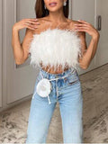 Posheme Feather Bandeau Off Shoulder Gatsby 70s Disco Clubwear Vest