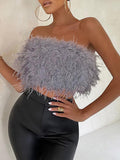 Posheme Feather Bandeau Off Shoulder Gatsby 70s Disco Clubwear Vest