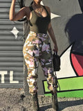 Posheme Pockets Belt High Waisted Haren Camouflage Casual Long Cargo Pants