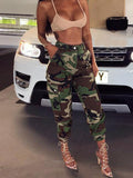 Posheme Pockets Belt High Waisted Haren Camouflage Casual Long Cargo Pants