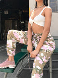 Posheme Pockets Belt High Waisted Haren Camouflage Casual Long Cargo Pants