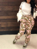 Posheme Pockets Belt High Waisted Haren Camouflage Casual Long Cargo Pants