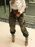 Posheme Pockets Belt High Waisted Haren Camouflage Casual Long Cargo Pants