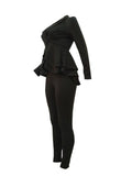 Posheme Layers Peplum Blazer Suits Two Piece High Waisted Work Long Jumpsuit