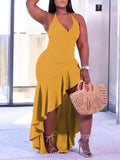 Posheme Solid High-Low Ruffle Plus Size V-neck Sleeveless Elegant Maxi Dress