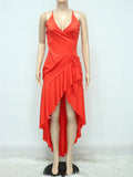 Posheme Solid High-Low Ruffle Plus Size V-neck Sleeveless Elegant Maxi Dress