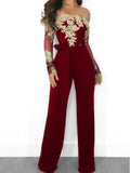 Posheme Lace Off Shoulder Belt Long Sleeve Wide Leg Palazzo Elegant Party Jumpsuit