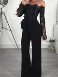 Posheme Lace Off Shoulder Belt Long Sleeve Wide Leg Palazzo Elegant Party Jumpsuit