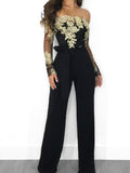 Posheme Lace Off Shoulder Belt Long Sleeve Wide Leg Palazzo Elegant Party Jumpsuit