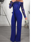 Posheme Lace Off Shoulder Belt Long Sleeve Wide Leg Palazzo Elegant Party Jumpsuit