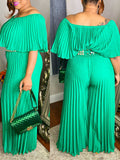 Posheme Solid Off Shoulder Pleated Plus Size Elegant Wide Leg Long Jumpsuit