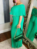 Posheme Solid Off Shoulder Pleated Plus Size Elegant Wide Leg Long Jumpsuit