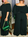 Posheme Solid Off Shoulder Pleated Plus Size Elegant Wide Leg Long Jumpsuit