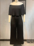 Posheme Solid Off Shoulder Pleated Plus Size Elegant Wide Leg Long Jumpsuit