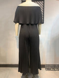 Posheme Solid Off Shoulder Pleated Plus Size Elegant Wide Leg Long Jumpsuit