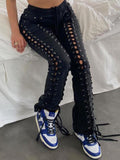 Posheme Lace-up Cut Out Drawstring High Waisted Sweatpants Long Pants