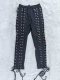 Posheme Lace-up Cut Out Drawstring High Waisted Sweatpants Long Pants