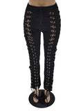 Posheme Lace-up Cut Out Drawstring High Waisted Sweatpants Long Pants